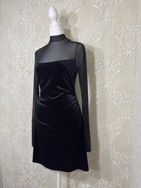 Black velvet mini dress with mesh sleeves